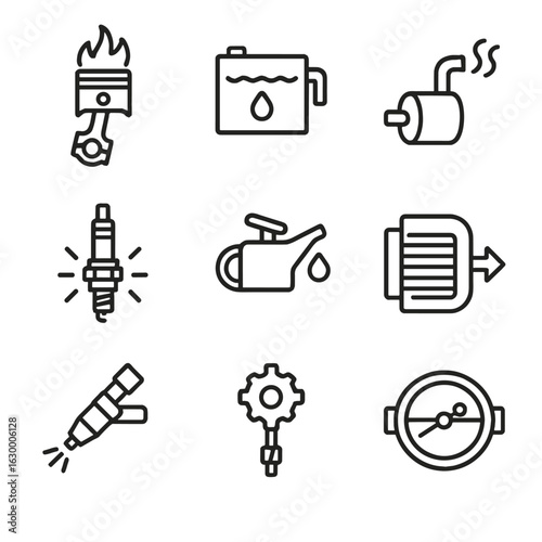 Engine Function Icon Set. Outline icon set of engine functions: combustion, cooling system, exhaust, ignition, lubrication, air