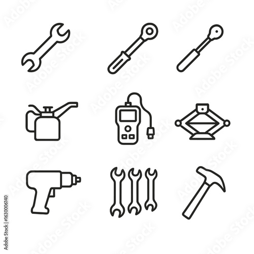 Engine Tools Icons. Outline icon set of engine tools: wrench, screwdriver, torque wrench, oil can, diagnostic scanner, jack,