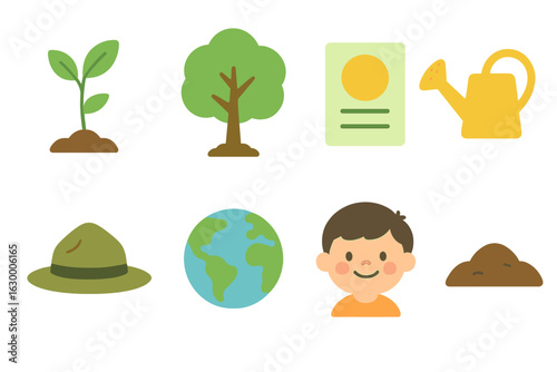 Reforestation Icons Grid. Flat vector mini-illustrations reforestation carbon credits in colors children's illustrations: forest
