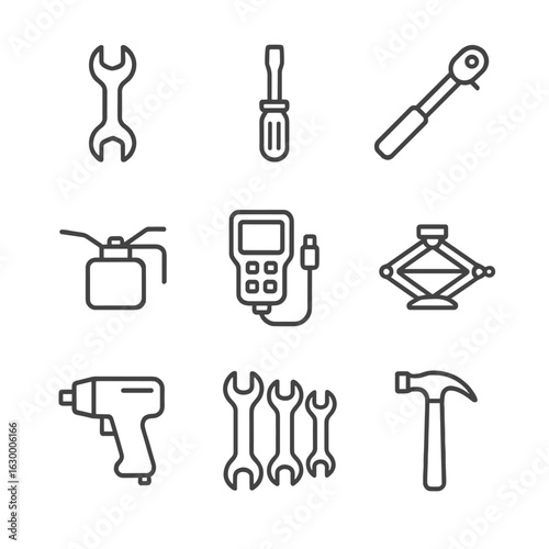 Engine Tools Icons. Outline icon set of engine tools: wrench, screwdriver, torque wrench, oil can, diagnostic scanner, jack,