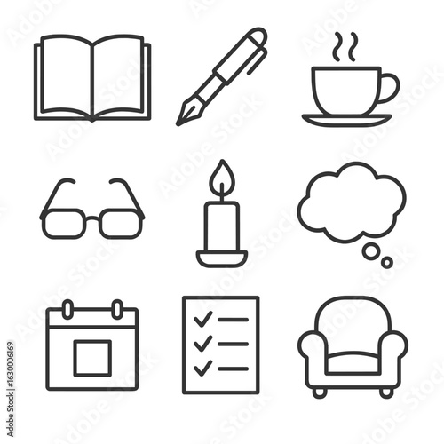 Reflective Journaling Icons. Outline icon set of reflective journaling moments: open notebook, fountain pen, steaming coffee cup,