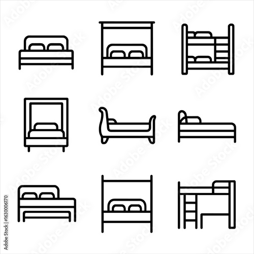 Bed Icons Collection. Outline icon set of bed types: platform bed, canopy bed, bunk bed, Murphy bed, sleigh bed, daybed, trundle