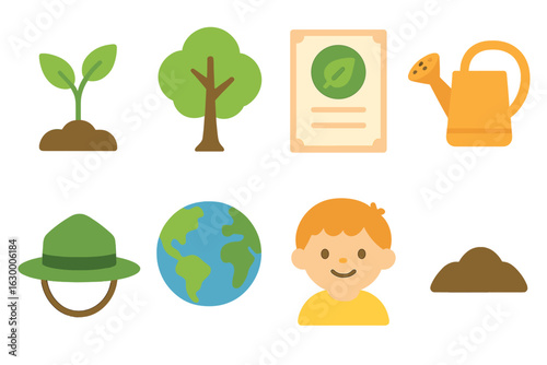 Reforestation Icons Grid. Flat vector mini-illustrations reforestation carbon credits in colors children's illustrations: forest