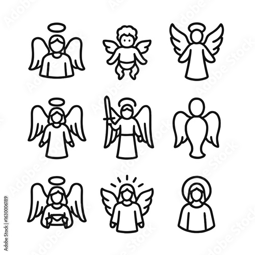 Heavenly Beings Icons. Outline icon set of heavenly beings: angel, cherub, seraphim, guardian angel, archangel, spirit, messenger,