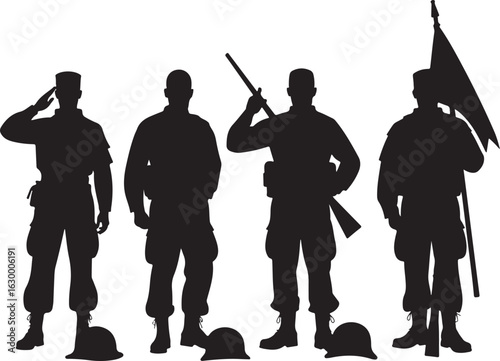 Patriotic soldiers salute, holding flag and rifle, honoring nation