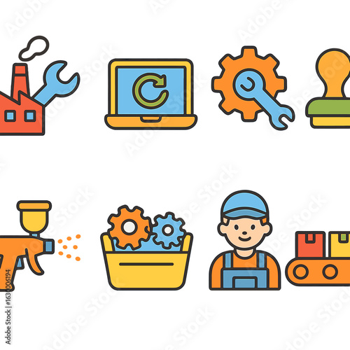 Refurbishment Hub Icons. Flat vector mini-illustrations remanufacturing and refurbishment hubs in colors children's illustrations: