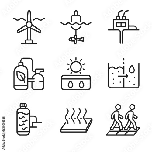 Renewable Energy Icons. Outline icon set of emerging renewable sources: tidal turbine, wave energy converter, geothermal well,