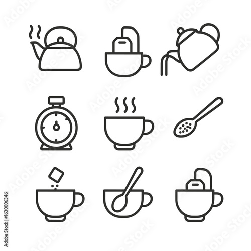 Tea Brewing Icons. Outline icon set of tea brewing stages: boiling kettle, steeping teabag, pouring tea, waiting timer, aroma waft