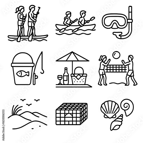 Coastal Activity Icons. Outline icon set of coastal couple activities: paddle board, kayak, snorkeling mask,