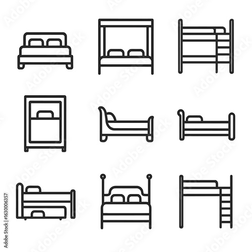 Bed Icons Collection. Outline icon set of bed types: platform bed, canopy bed, bunk bed, Murphy bed, sleigh bed, daybed, trundle
