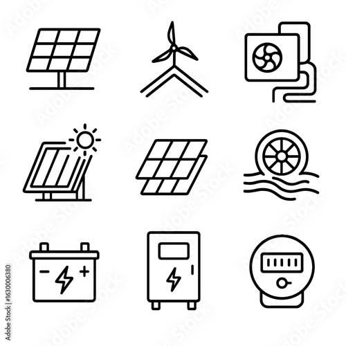 Renewable Energy Icons. Outline icon set of renewable energy systems: solar panel array, rooftop wind turbine, geothermal heat