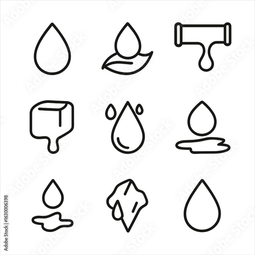 Environmental Drip Icons. Outline icon set of environmental drips: raindrop, dew drop, leaking pipe, melting ice drip,