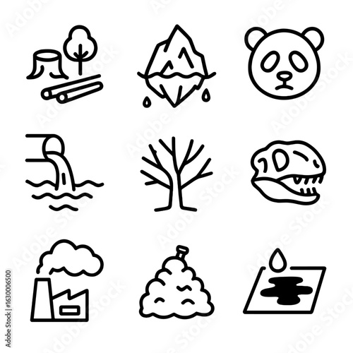 Environmental Loss Icons. Outline icon set of environmental loss: deforestation, melting iceberg, endangered animal, polluted