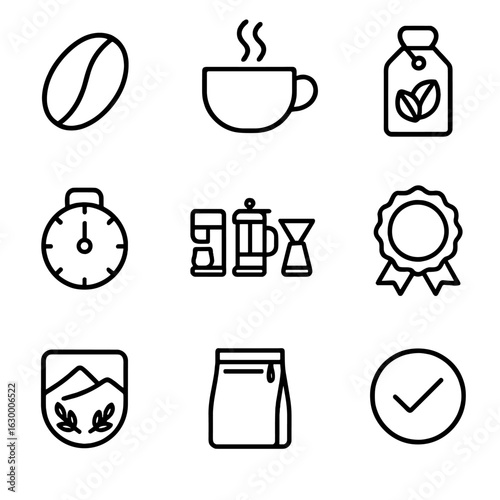 Coffee Icon Set. Outline icon set of coffee bag label design: roasted bean icon, cup with steam, flavor notes