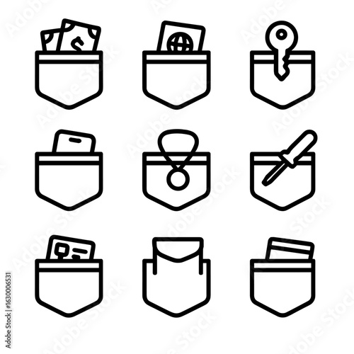 Hidden Pocket Icons. Outline icon set of hidden pocket uses: cash storage, passport hideaway, key holder, secret phone slot,