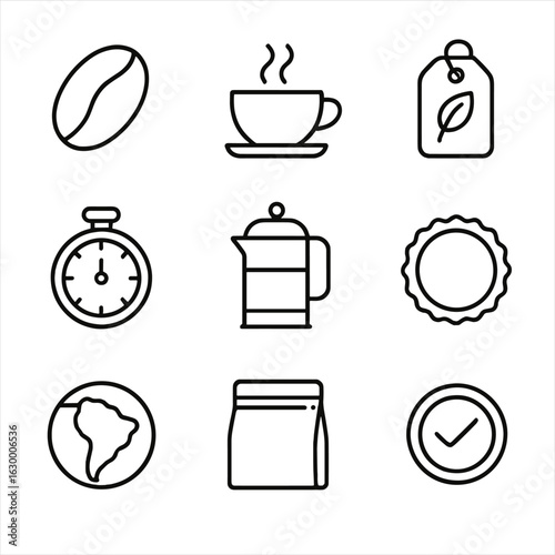 Coffee Icon Set. Outline icon set of coffee bag label design: roasted bean icon, cup with steam, flavor notes