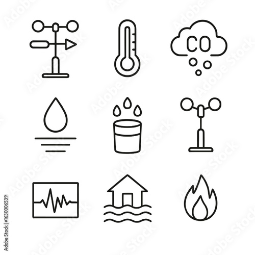 Environmental Monitoring Icons. Outline icon set of real-time environmental monitoring: weather station, temperature sensor, air