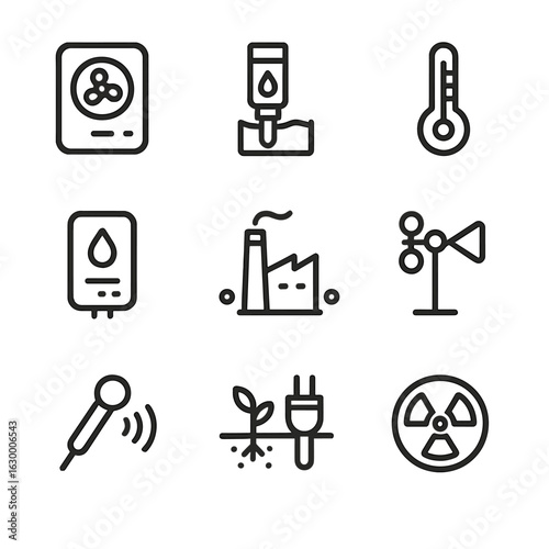 Environmental Monitoring Icons. Outline icon set of environmental monitoring: air quality sensor, water quality test, temperature