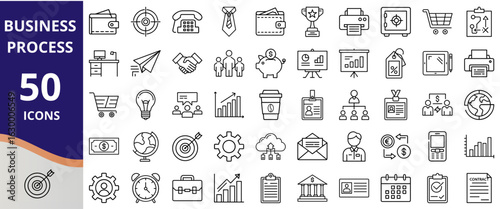 Business Process Icons Set thin-line vector illustration — target, handshake, analytics chart, briefcase, piggy bank, gear — isolated transparent background