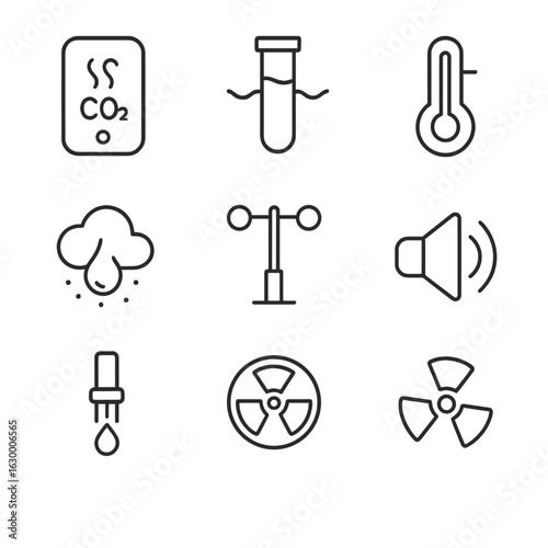 Environmental Monitoring Icons. Outline icon set of environmental monitoring: air quality sensor, water quality test, temperature