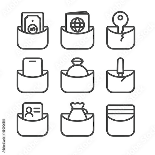 Hidden Pocket Icons. Outline icon set of hidden pocket uses: cash storage, passport hideaway, key holder, secret phone slot,