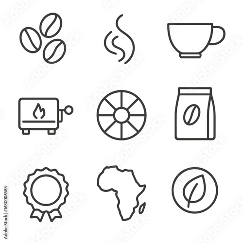 Coffee Branding Icons. Outline icon set of coffee product branding: coffee beans, steam swirl, cup silhouette,