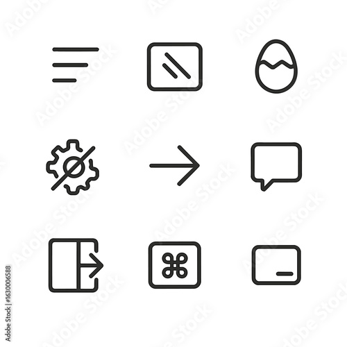 Hidden UI Elements. Outline icon set of hidden features in UI: collapsed menu outline, secret shortcut key, Easter egg icon,