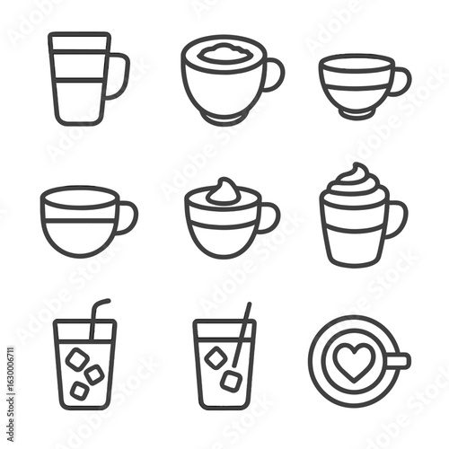 Coffee Icon Collection. Outline icon set of types of coffee drinks: latte, cappuccino, espresso, americano,