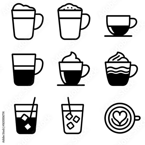 Coffee Icon Collection. Outline icon set of types of coffee drinks: latte, cappuccino, espresso, americano,