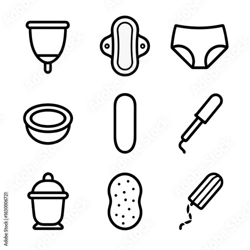 Reusable Menstrual Icons. Outline icon set of reusable menstrual product types: menstrual cup, cloth pad, period underwear,