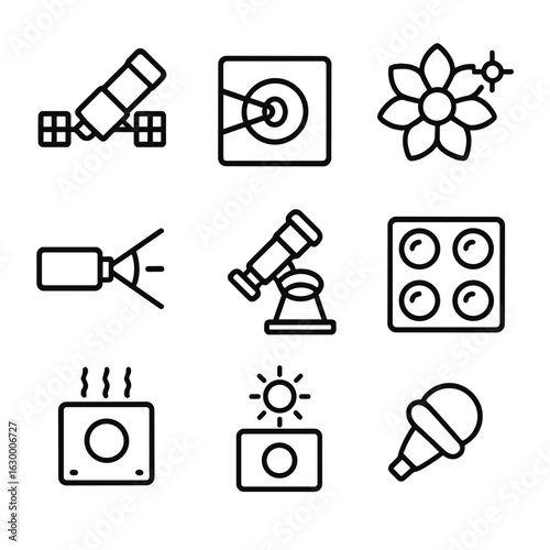Telescope Icon Set. Outline icon set of telescope technology for exoplanets: space telescope, coronagraph, starshade, spectrograph