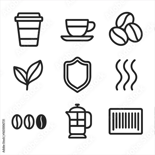 Coffee Icon Collection. Outline icon set of coffee packaging elements: coffee cup silhouette, espresso shot,