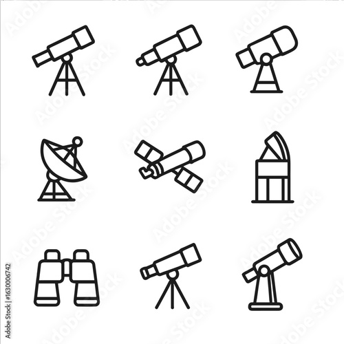 Telescope Icons Grid. Outline icon set of telescope types: refractor telescope, reflector telescope, catadioptric telescope, radio