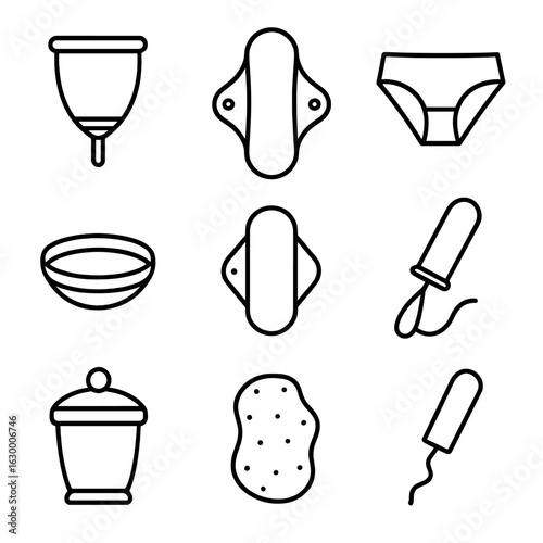Reusable Menstrual Icons. Outline icon set of reusable menstrual product types: menstrual cup, cloth pad, period underwear,