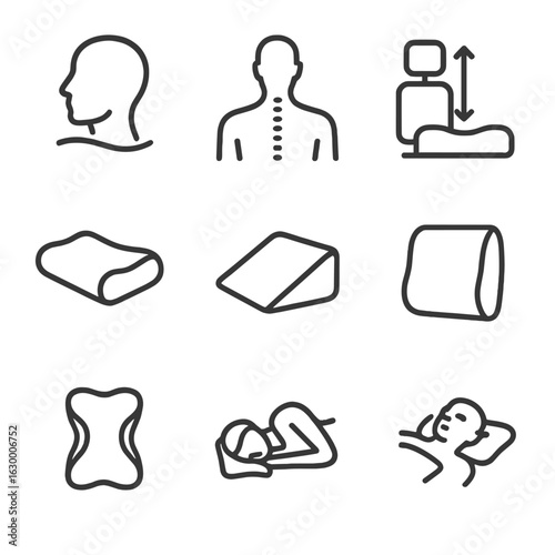 Ergonomic Icons Set. Outline icon set of ergonomic support: neck support curve, spine alignment silhouette, adjustable loft icon,