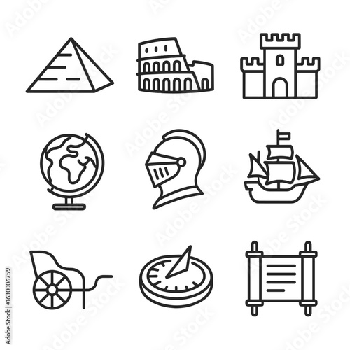 History Icon Set. Outline icon set of world history: pyramid, coliseum, castle, globe, knight helmet, ship, chariot, sundial,