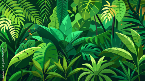 Vector art of lush and vibrant jungle foliage with diverse tropical plants and leaves, creating a dense and exotic natural background