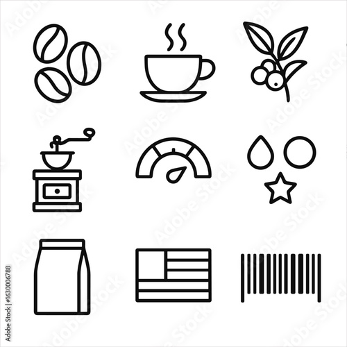 Coffee Icon Grid. Outline icon set of coffee label details: coffee beans cluster, steaming cup, coffee plant
