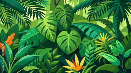 Vector art of lush and vibrant jungle foliage with diverse tropical plants and leaves, including a bright orange flower, creating a dense and exotic natural background