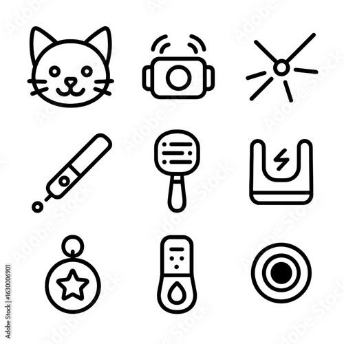 Robotic Cat Icon Set. Outline icon set of robotic cat friends: robo-cat face, purring motor, whisker touch sensor, laser pointer