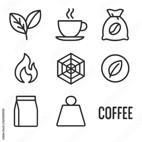 Coffee Packaging Icons. Outline icon set of coffee packaging motifs: coffee leaf, cup with steam, coffee sack,