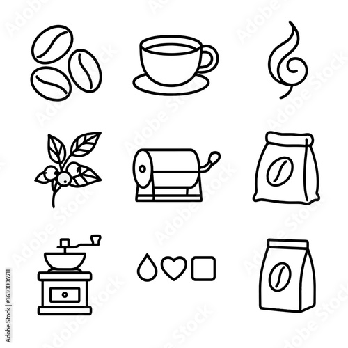 Coffee Packaging Icons. Outline icon set of label design for coffee packaging: coffee beans, coffee cup, steam