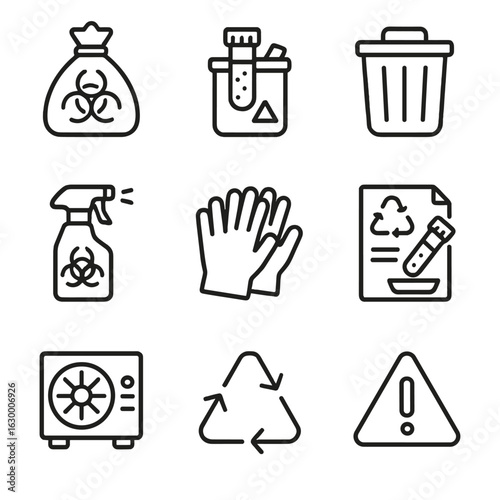 Test Tube Waste Icons. Outline icon set of test tube waste management: biohazard bag, sharps container, waste bin, decontamination