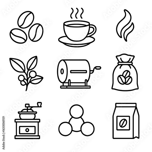 Coffee Packaging Icons. Outline icon set of label design for coffee packaging: coffee beans, coffee cup, steam