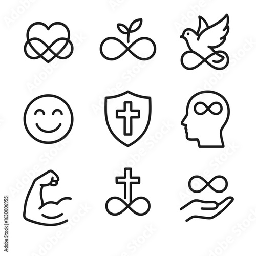 Eternal Emotions Icons. Outline icon set of eternal emotions: everlasting love, infinite hope, boundless peace, eternal joy,