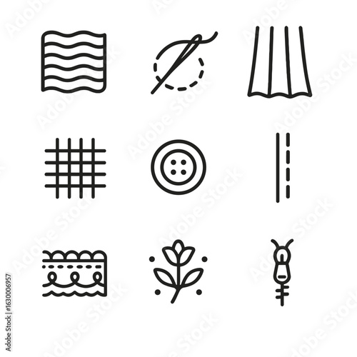 Textile Groove Icon Set. Outline icon set of groove in textiles and fashion: fabric groove, stitching groove, pleat groove, weave