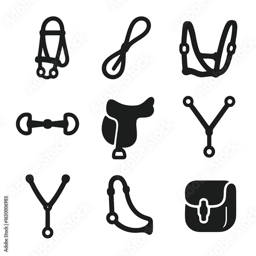 Horse Tack Icons. Solid, filled icon set of horse tack items: bridle, reins, halter, bit, saddle, breastplate, martingale, crupper