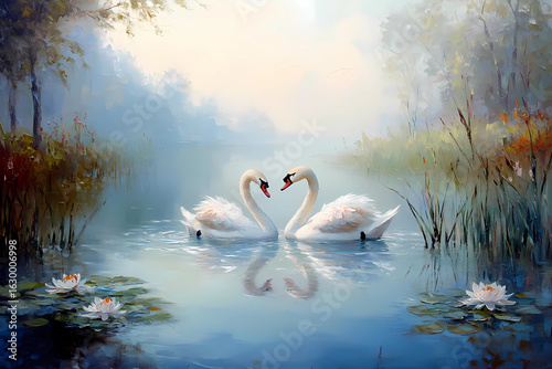 Fototapeta Naklejka Na Ścianę i Meble -  Two swans with their necks intertwined, forming a heart on a calm lake.