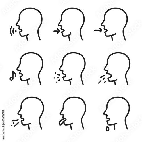 Throat Function Icons. Outline icon set of throat functions: speaking, swallowing, breathing, singing, coughing, yawning, sneezing