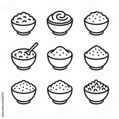Hot Cereal Icons. Outline icon set of hot cereal types: oatmeal, cream of wheat, porridge, rice pudding, semolina, grits, millet